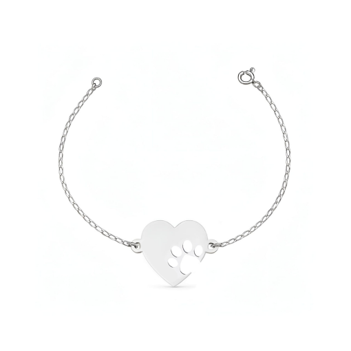Pulseira de Prata Coração Patinha Vazado Liso