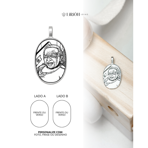 Pingente de Prata Elipse Medalha 2 Fotos Personalizável Com Cont
