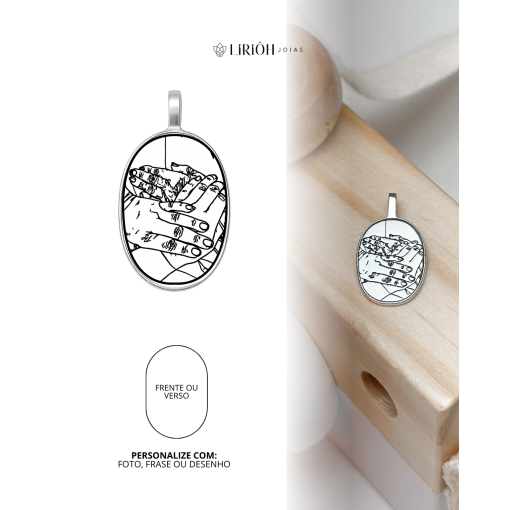Pingente de Prata Elipse Medalha Foto Personalizável Com Contra