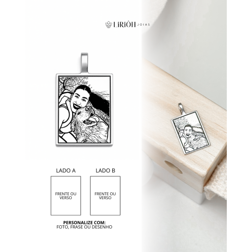 Pingente de Prata Retangular 2 Fotos Personalizável Com Contra A