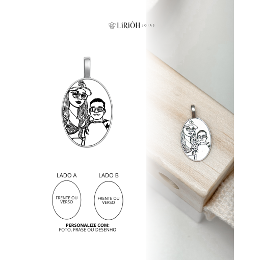 Pingente de Prata Oval 2 Fotos Personalizável Com Contra Argola