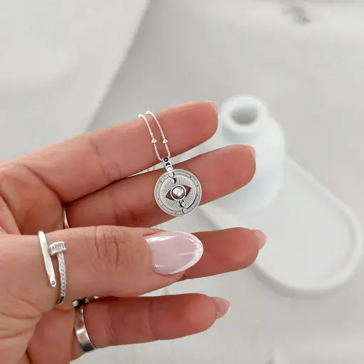 Pingente de Prata Medalha Olho Grego e Bola 4mm