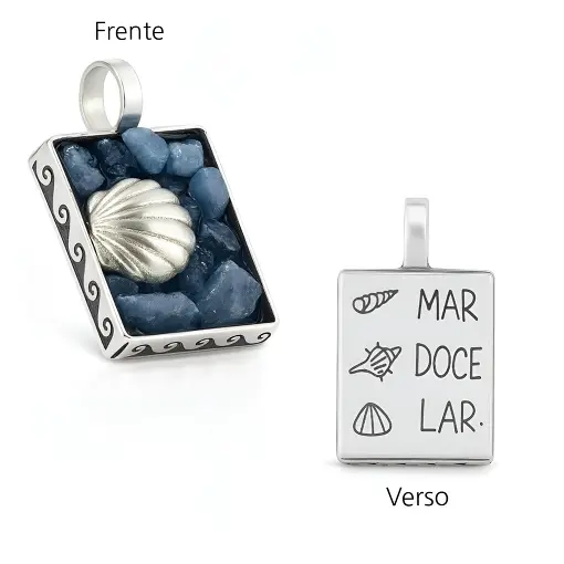 Pingente de Prata Caixa Concha Estamparia e Pedra Natural