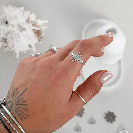 Anel de Prata Olho Grego e Pedra Natural Regulável