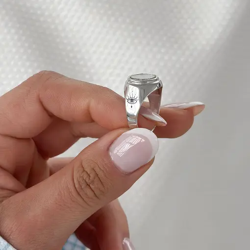 Anel de Prata Redondo Espelho e Olho Que Tudo Vê