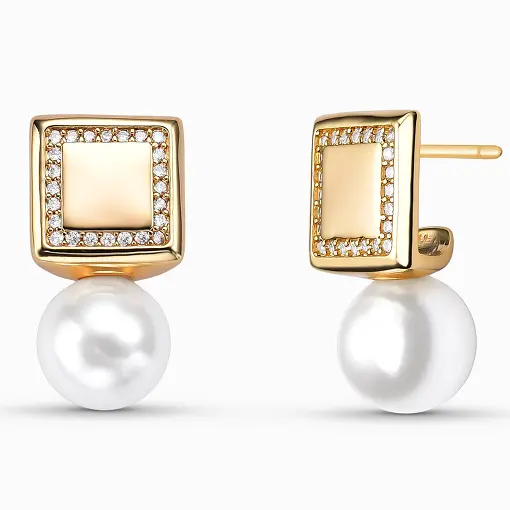 Brincos quadrados folheados a ouro 18k com pérola