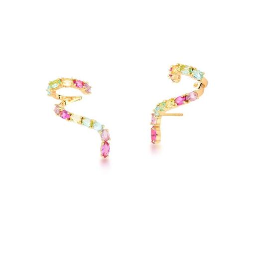 BRINCO EAR CUFF CURVO COM CRISTAIS COLORIDOS BANHADO A OURO