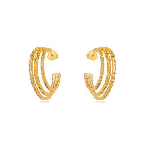 BRINCO ARGOLA TRIPLA CRAVEJADA DOURADO