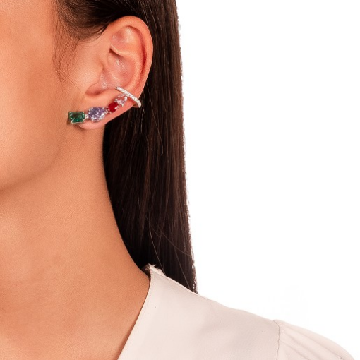 BRINCO EARCUFF PEDRAS COLORIDAS RÓDIO BRANCO