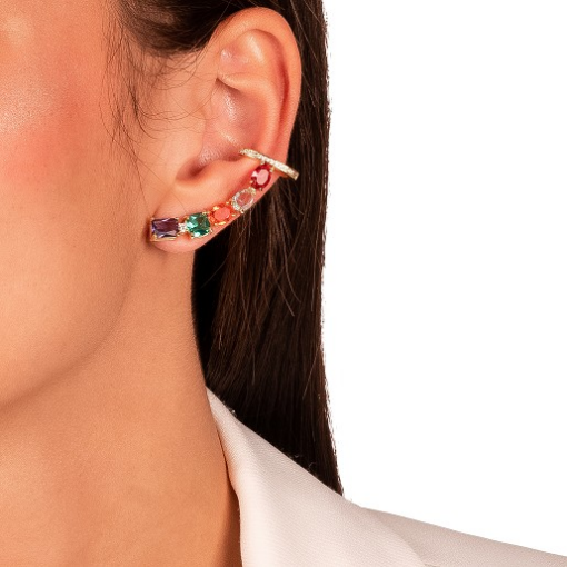 BRINCO EARCUFF PEDRAS COLORIDAS DOURADO