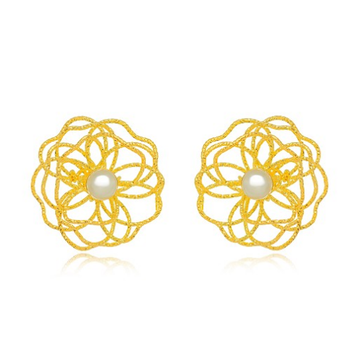 BRINCO FLOR PÉROLA DETALHADA LISA DOURADO