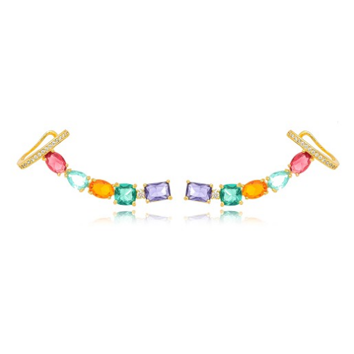 BRINCO EARCUFF PEDRAS COLORIDAS DOURADO