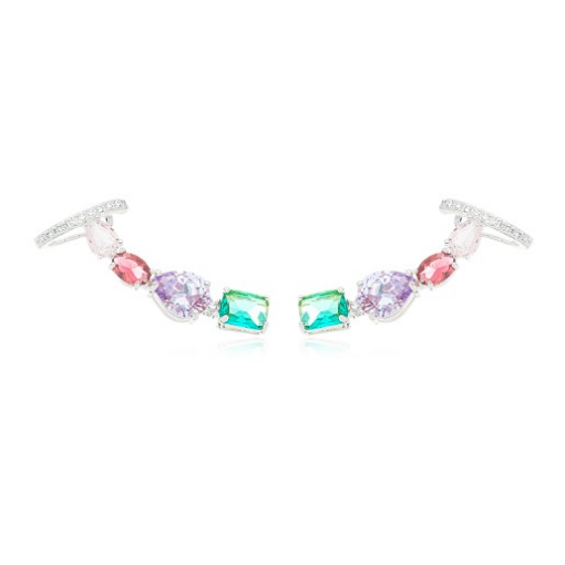 BRINCO EARCUFF PEDRAS COLORIDAS RÓDIO BRANCO