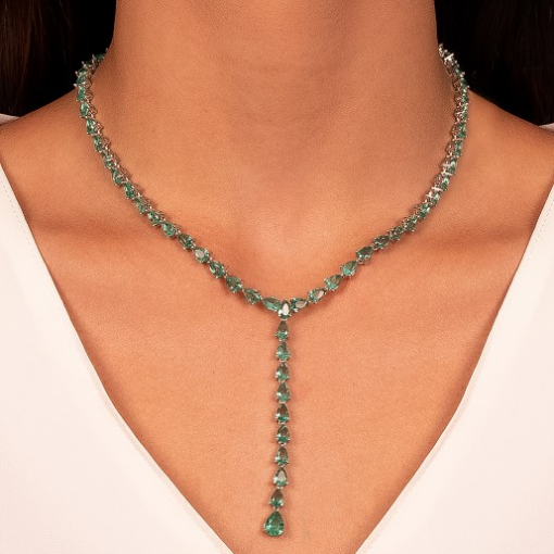 COLAR CRISTAL GRAVATINHA VERDE RÓDIO BRANCO