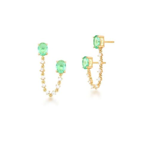 BRINCO EAR LINE PEDRA 2 OVAL BAN. DOURADO /VERDE CRISTAL