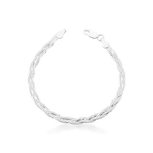 PULSEIRA COM TRÊS VOLTAS TRANÇADAS LISAS EM PRATA LISA