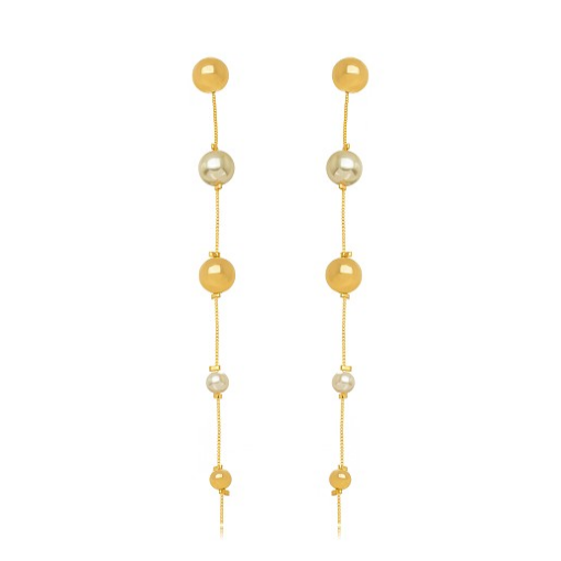 BRINCO ESFERAS PENDURADAS E PÉROLA DOURADO