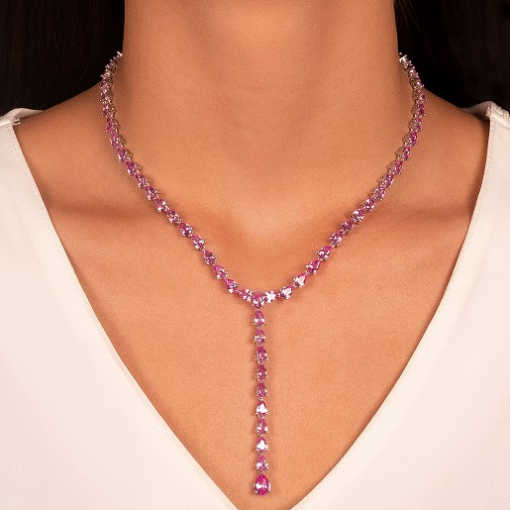COLAR CRISTAL GRAVATINHA ROSA RÓDIO BRANCO