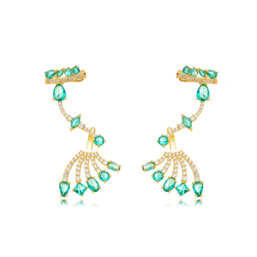 BRINCO EARCUFF PEDRAS VERDES COM ZIRCONIAS DOURADO