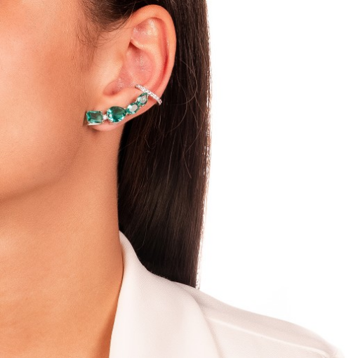 BRINCO EARCUFF PEDRAS VERDES CLARA RÓDIO BRANCO