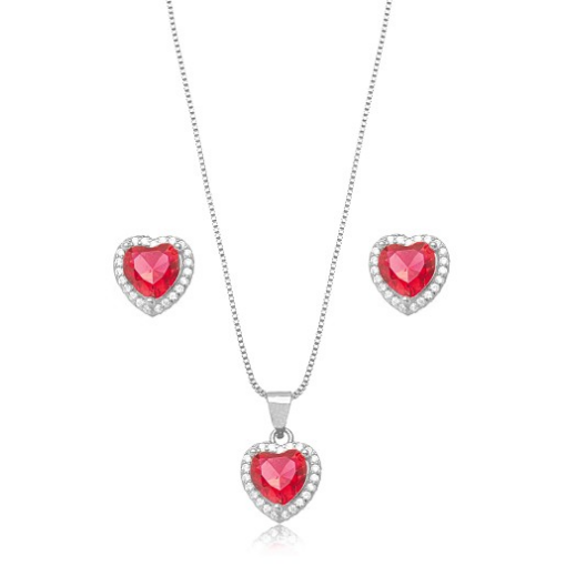 CONJUNTO CORAÇÃO VERMELHO RÓDIO BRANCO