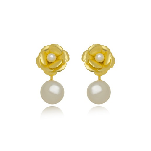 BRINCO FLOR PÉROLA PENDURADA DETALHADA LISA DOURADO