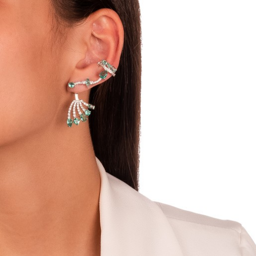 BRINCO EARCUFF PEDRAS VERDES COM ZIRCÔNIAS RÓDIO BRANCO