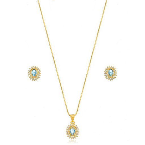 CONJUNTO PEDRA FUSION AZUL CLARA COM CRAVAÇÃO DOURADO