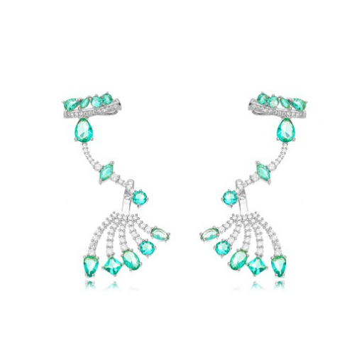 BRINCO EARCUFF PEDRAS VERDES COM ZIRCÔNIAS RÓDIO BRANCO