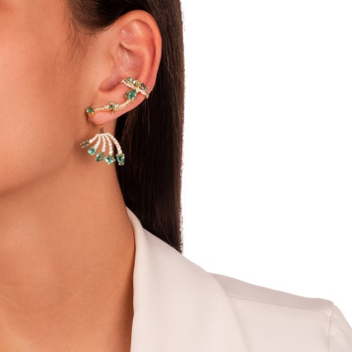 BRINCO EARCUFF PEDRAS VERDES COM ZIRCONIAS DOURADO
