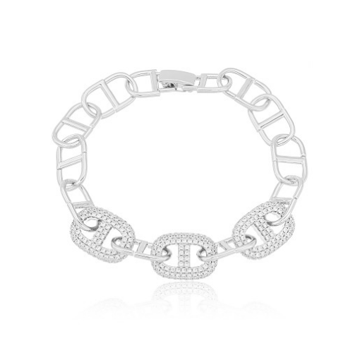PULSEIRA ELOS COM ZIRCÔNIAS E LISO RÓDIO BRANCO
