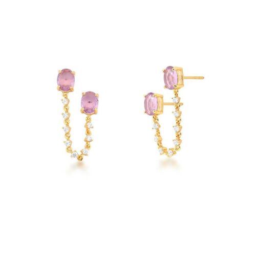 BRINCO EAR LINE PEDRA 2 OVAL BAN. DOURADO /ROXO CLARO