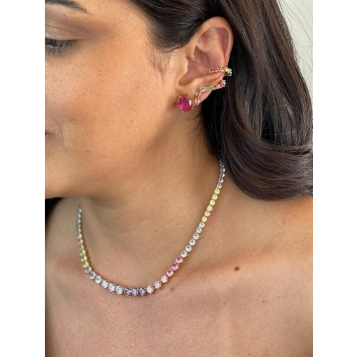 BRINCO EAR CUFF CURVO COM CRISTAIS COLORIDOS BANHADO A OURO