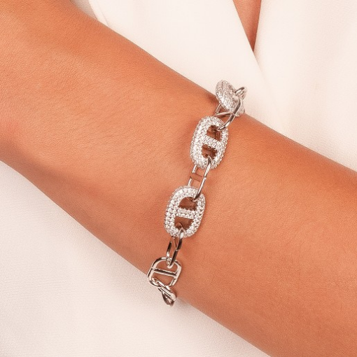 PULSEIRA ELOS COM ZIRCÔNIAS E LISO RÓDIO BRANCO