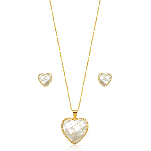 CONJUNTO CORAÇÃO MADREPÉROLA DOURADO