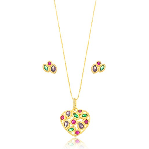 CONJUNTO CORAÇÃO CRISTAIS COLOR DOURADO
