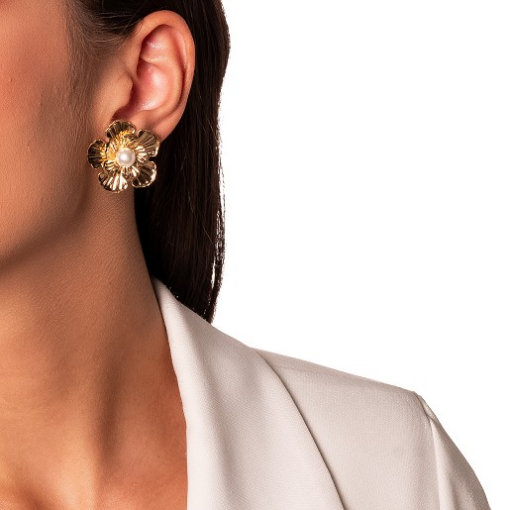 BRINCO FLOR PEROLA LISA DOURADO