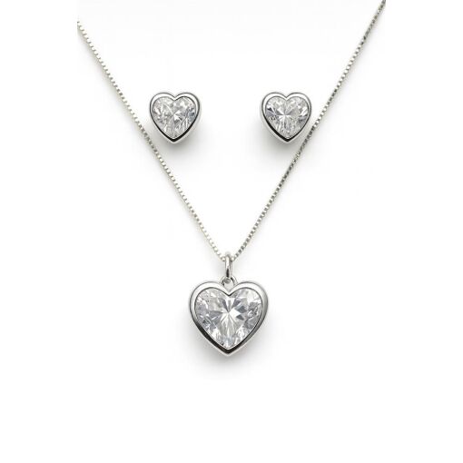 CONJUNTO DE PRATA CORAÇÃO COM ZIRCÔNIA