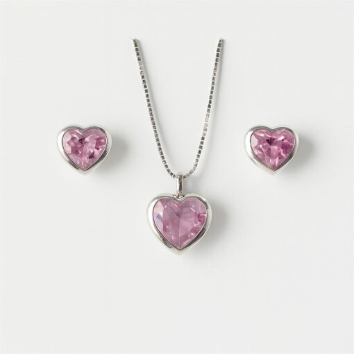 CONJUNTO DE PRATA CORAÇÃO ROSA CLARO