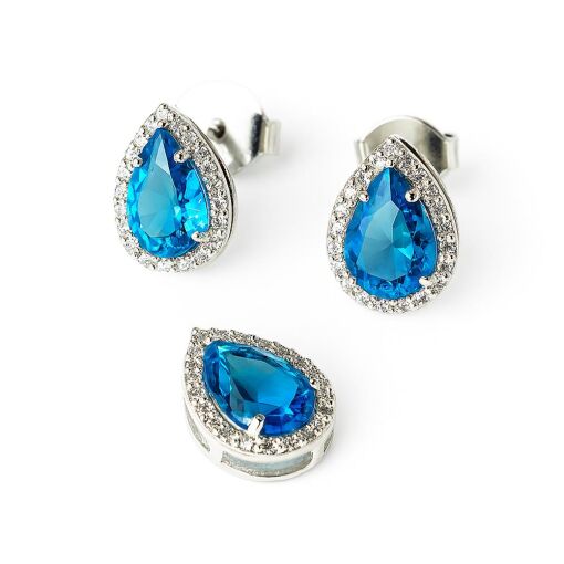 CONJUNTO DE PRATA GOTA AZUL COM ZIRCÔNIAS