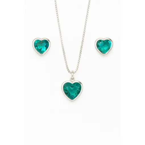 422CONJ CORAÇÃO COM ZIRCÔNIA VERDE ÁGUA