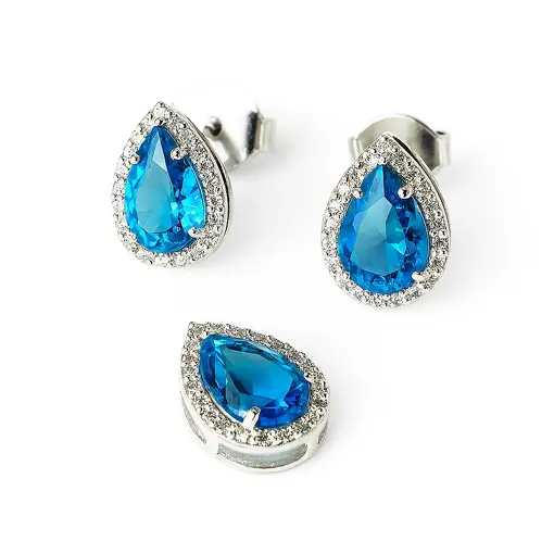 CONJ255 PRATA GOTA AZUL COM ZIRCÔNIAS