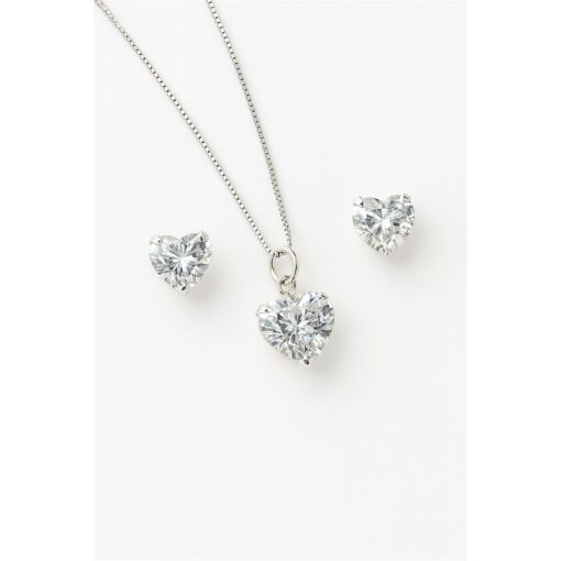 CONJUNTO DE PRATA CORAÇÃO COM ZIRCÔNIA