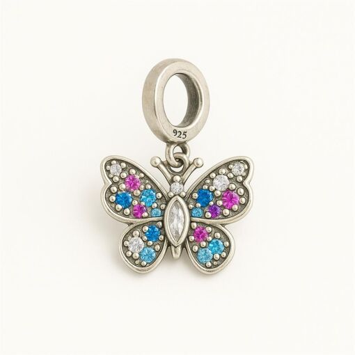 BERLOQUE DE PRATA BORBOLETA MULTI CORES