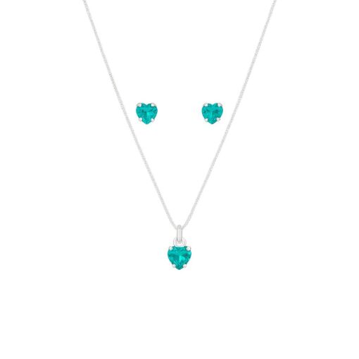 CONJUNTO DE PRATA CORAÇÃO VERDE ÁGUA