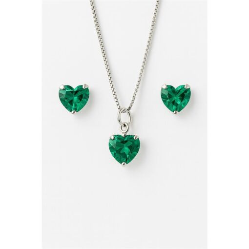 CONJUNTO DE PRATA CORAÇÃO COR ESMERALDA