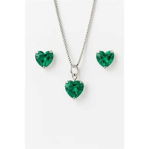 CONJUNTO DE PRATA CORAÇÃO COR ESMERALDA