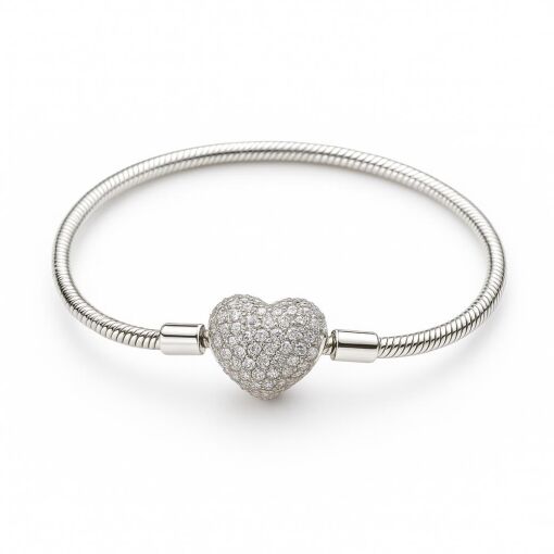 PULSEIRA DE PRATA BERLOQUE COM CORAÇÃO CRAVEJADO