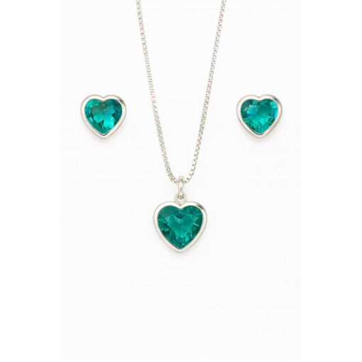 CONJUNTO DE PRATA CORAÇÃO COM ZIRCÔNIA VERDE ÁGUA