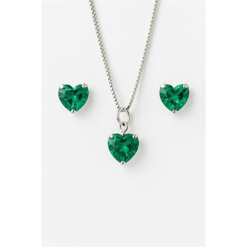 CONJUNTO DE PRATA CORAÇÃO COM ZIRCÔNIA TURMALINA